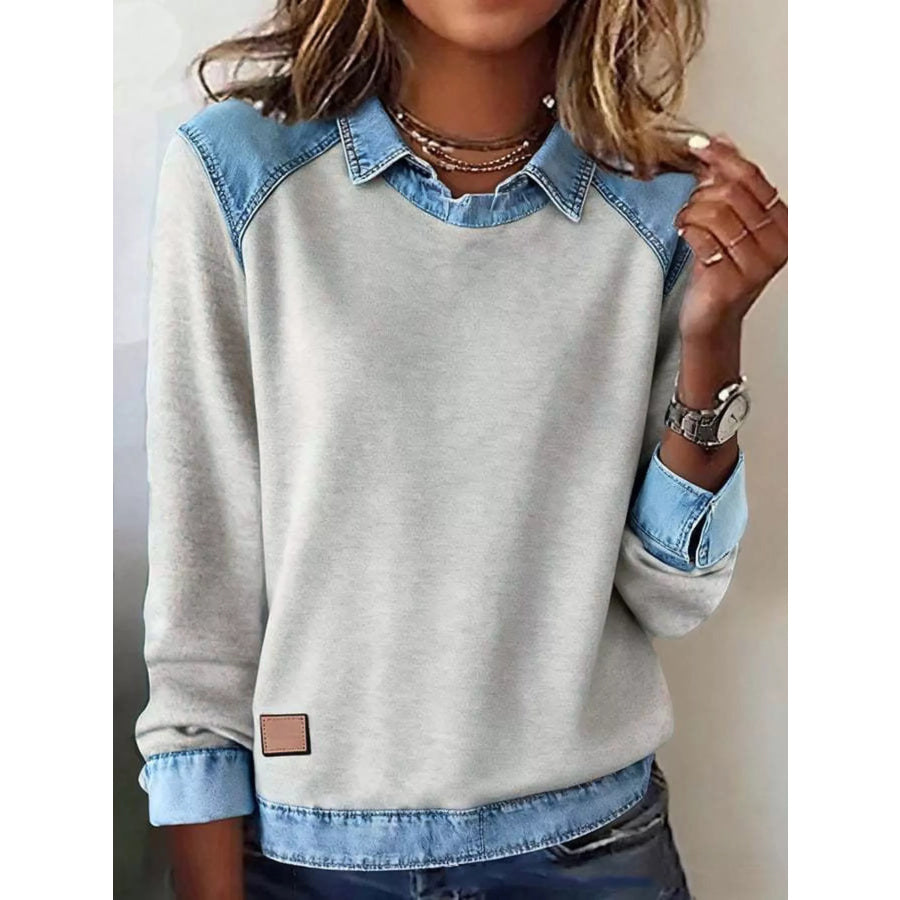 Full Size Denim Trim Long Sleeve Top Plus Size Apricot Gray / S Apparel and Accessories