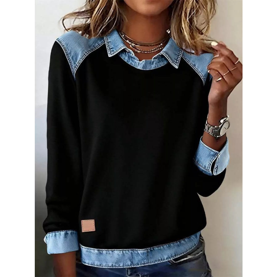 Full Size Denim Trim Long Sleeve Top Plus Size Black / S Apparel and Accessories