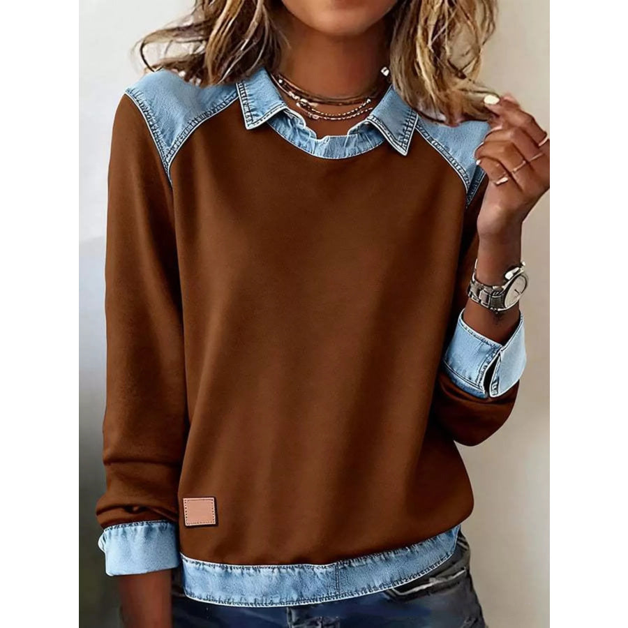 Full Size Denim Trim Long Sleeve Top Plus Size Brown / S Apparel and Accessories