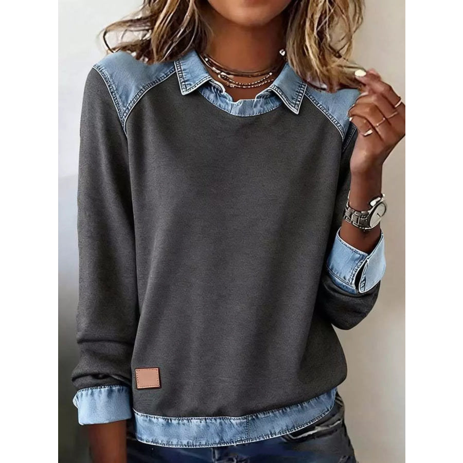 Full Size Denim Trim Long Sleeve Top Plus Size Dark Gray / S Apparel and Accessories