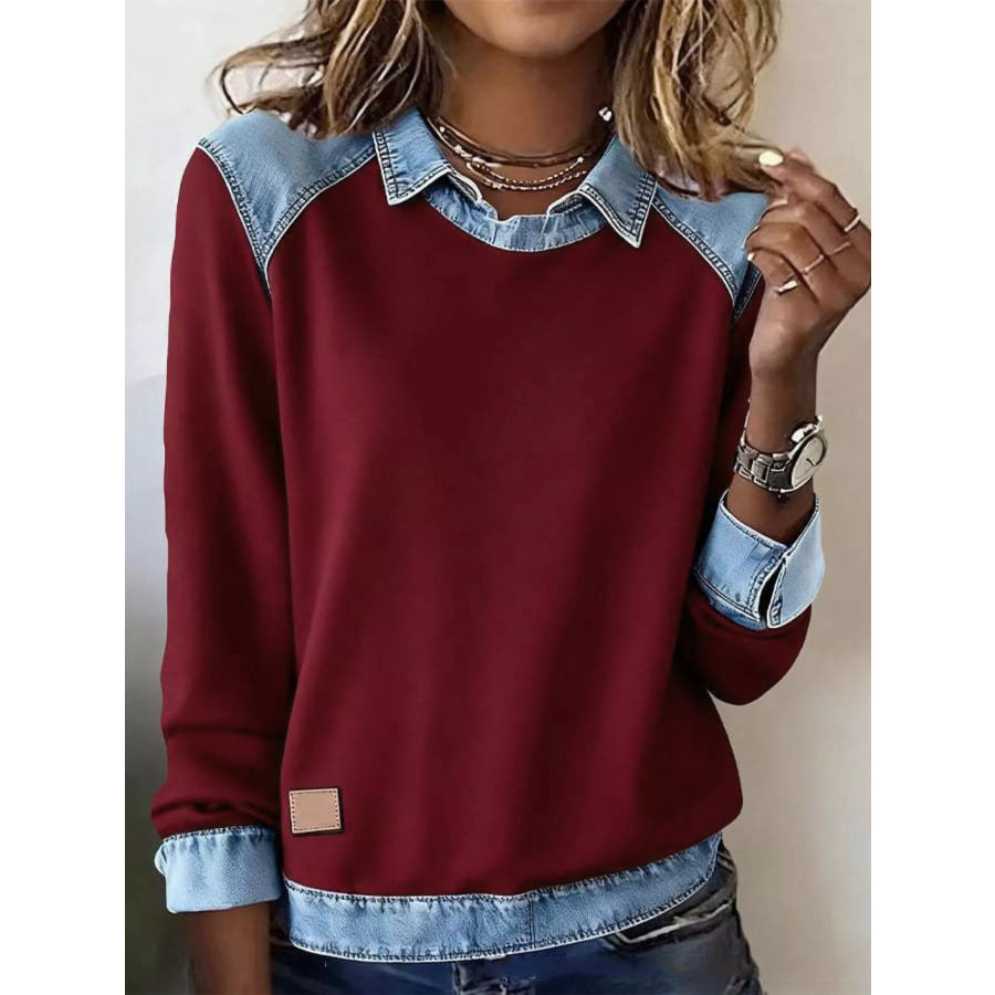 Full Size Denim Trim Long Sleeve Top Plus Size Red / S Apparel and Accessories