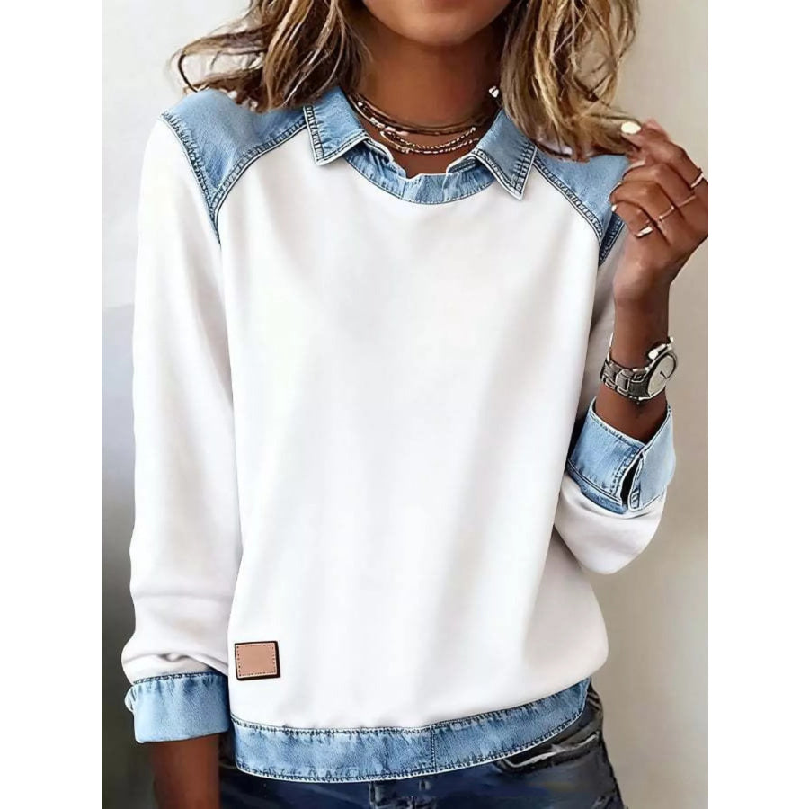 Full Size Denim Trim Long Sleeve Top Plus Size White / S Apparel and Accessories