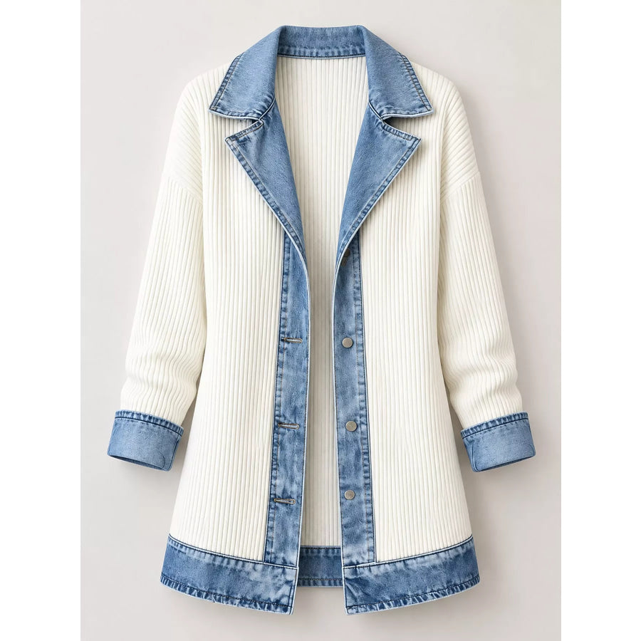 Full Size Denim Trim Ribbed Knit Cardigan Plus Apparel and Accessories