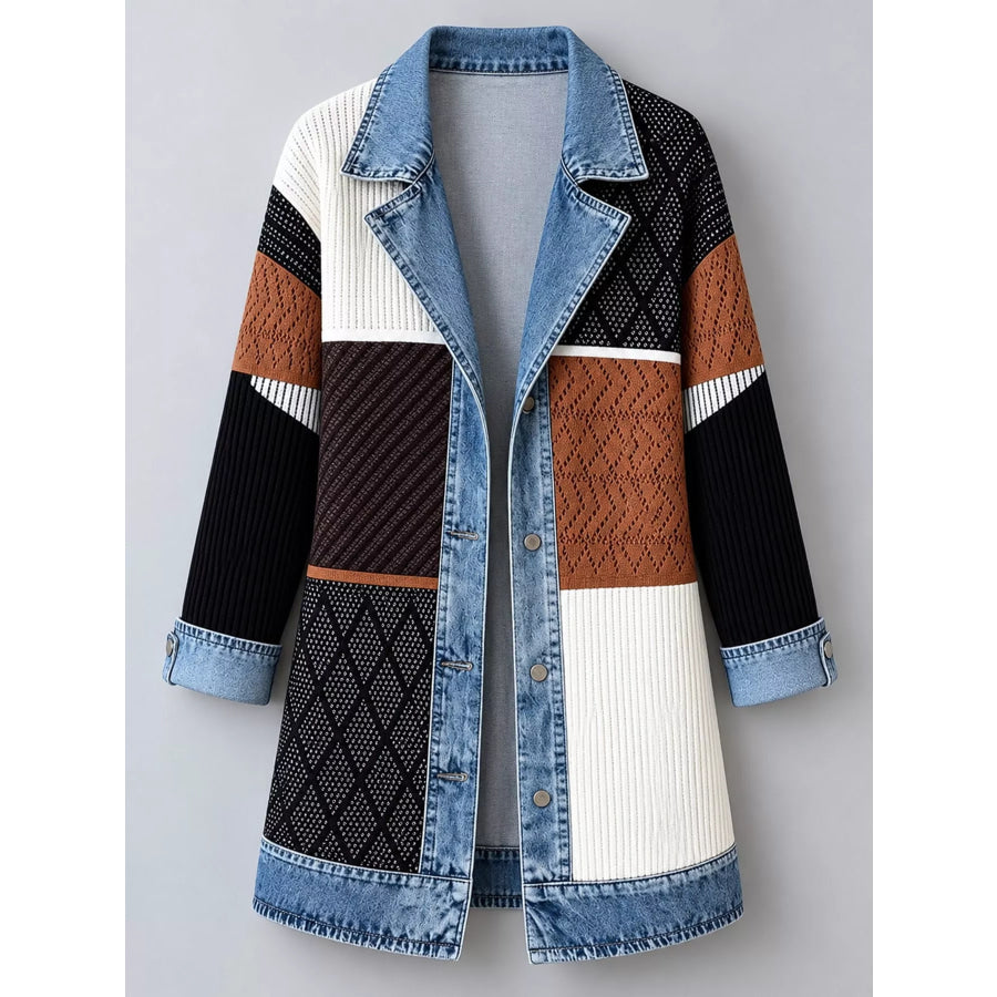 Full Size Denim Trim Ribbed Knit Cardigan Plus Apparel and Accessories