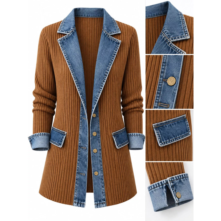 Full Size Denim Trim Ribbed Knit Cardigan Plus Apparel and Accessories
