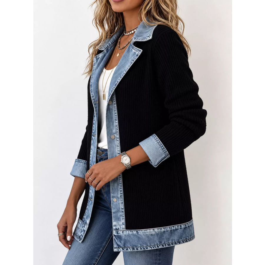 Full Size Denim Trim Ribbed Knit Cardigan Plus Apparel and Accessories