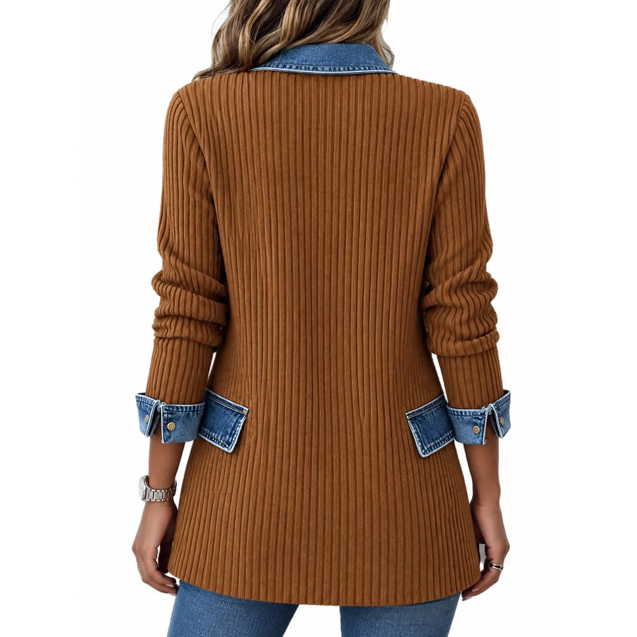 Full Size Denim Trim Ribbed Knit Cardigan Plus Apparel and Accessories
