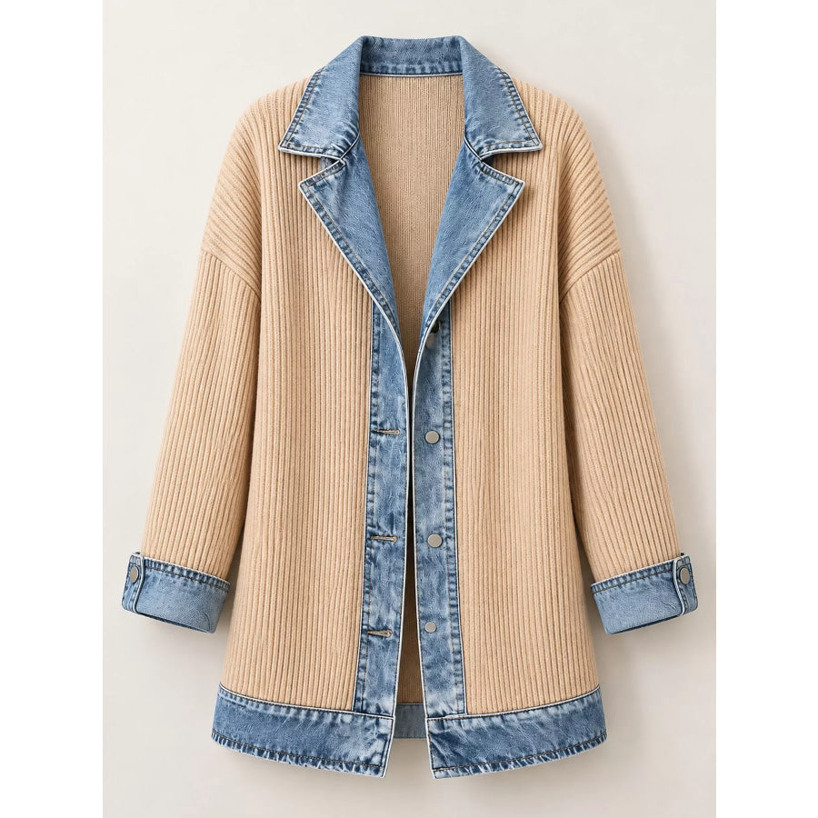 Full Size Denim Trim Ribbed Knit Cardigan Plus Apparel and Accessories