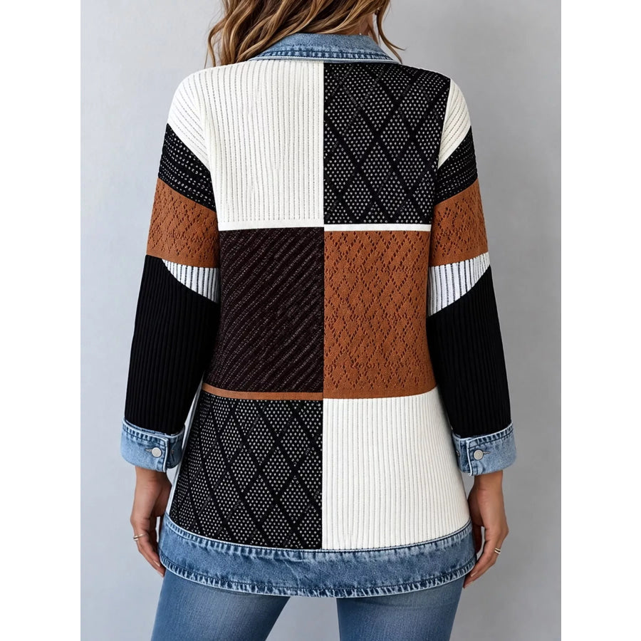 Full Size Denim Trim Ribbed Knit Cardigan Plus Apparel and Accessories