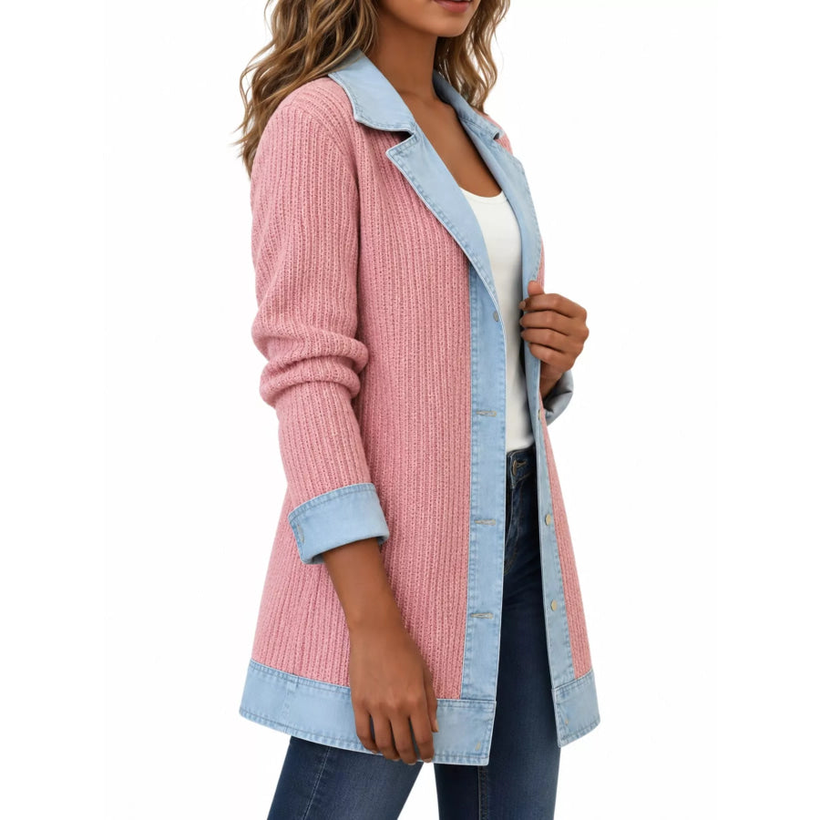 Full Size Denim Trim Ribbed Knit Cardigan Plus Apparel and Accessories