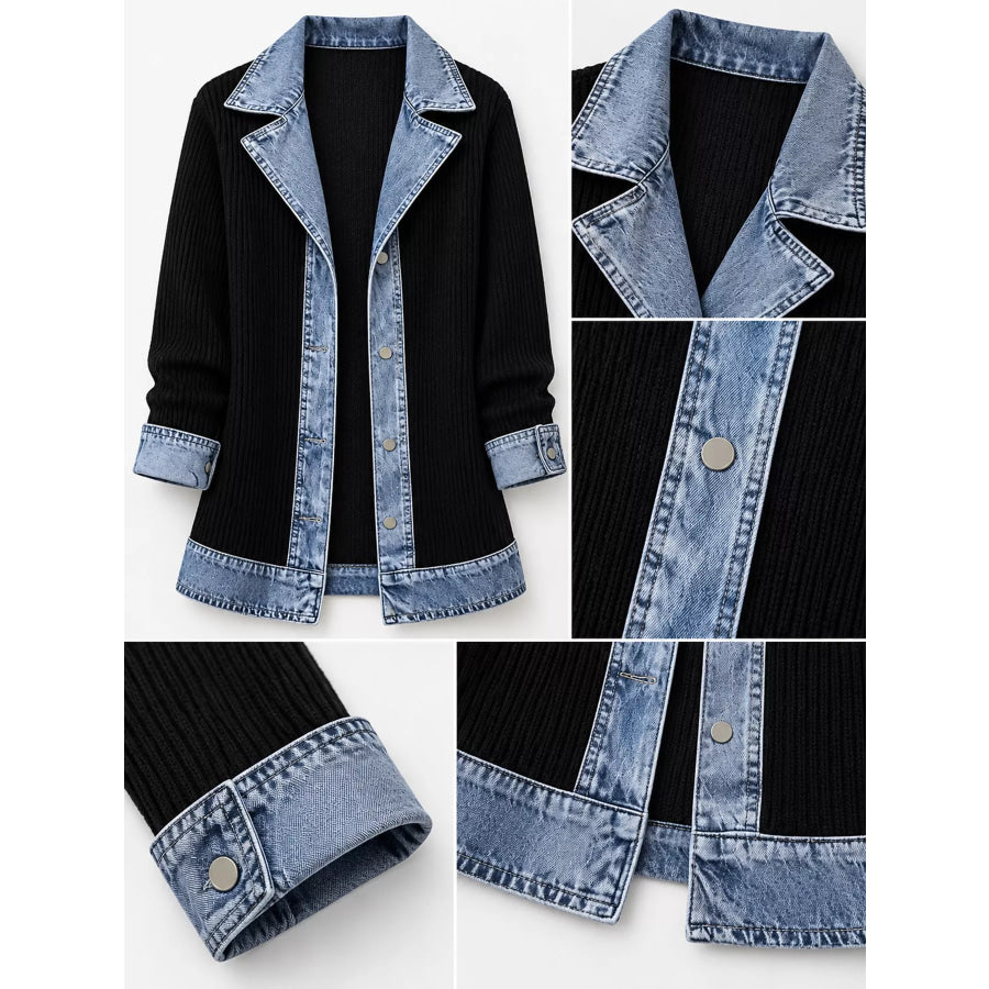 Full Size Denim Trim Ribbed Knit Cardigan Plus Apparel and Accessories