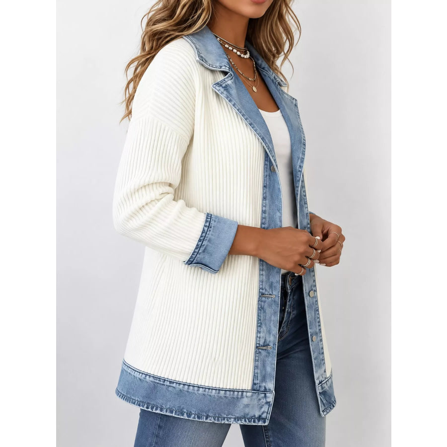 Full Size Denim Trim Ribbed Knit Cardigan Plus Apparel and Accessories