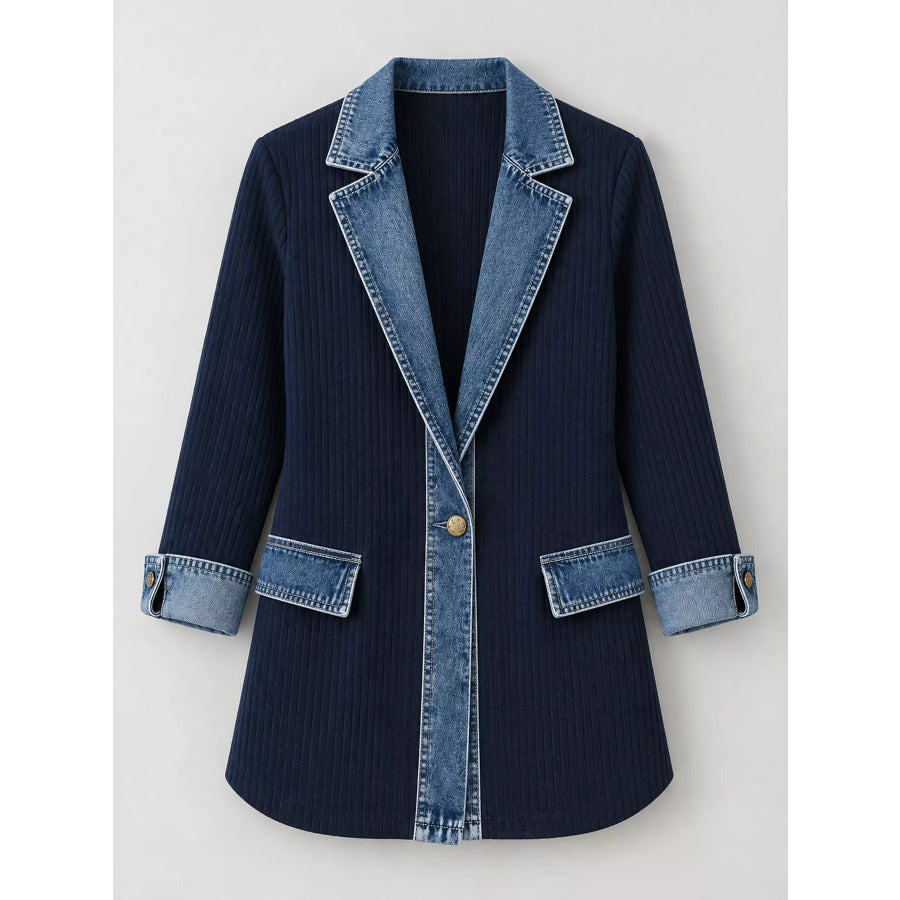 Full Size Denim Trim Ribbed Knit Cardigan Plus Apparel and Accessories