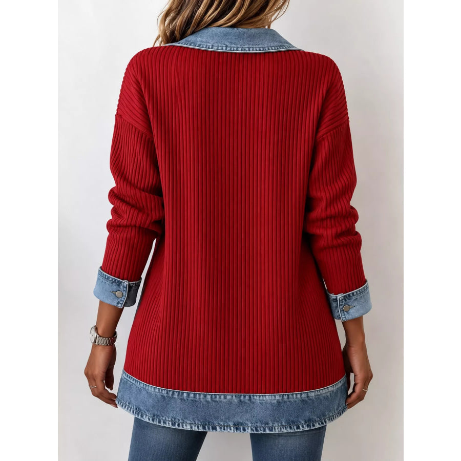 Full Size Denim Trim Ribbed Knit Cardigan Plus Apparel and Accessories