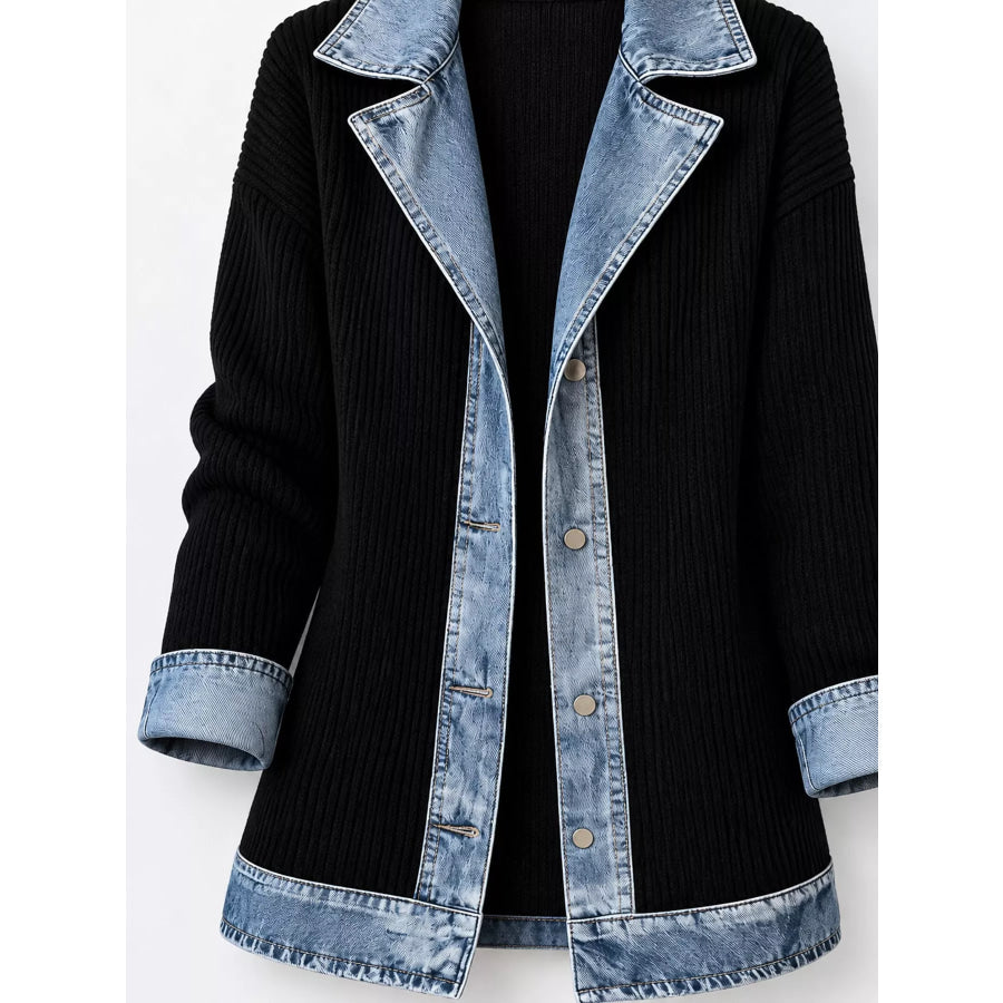 Full Size Denim Trim Ribbed Knit Cardigan Plus Apparel and Accessories