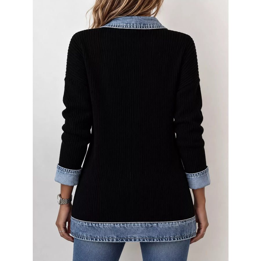 Full Size Denim Trim Ribbed Knit Cardigan Plus Apparel and Accessories