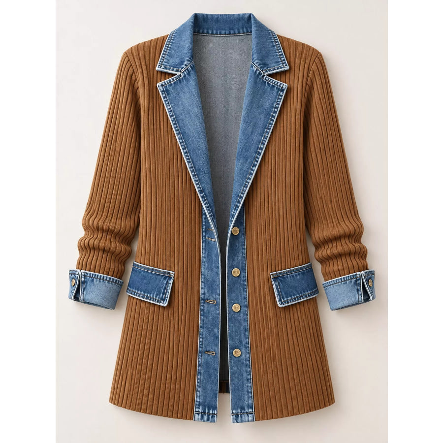 Full Size Denim Trim Ribbed Knit Cardigan Plus Apparel and Accessories