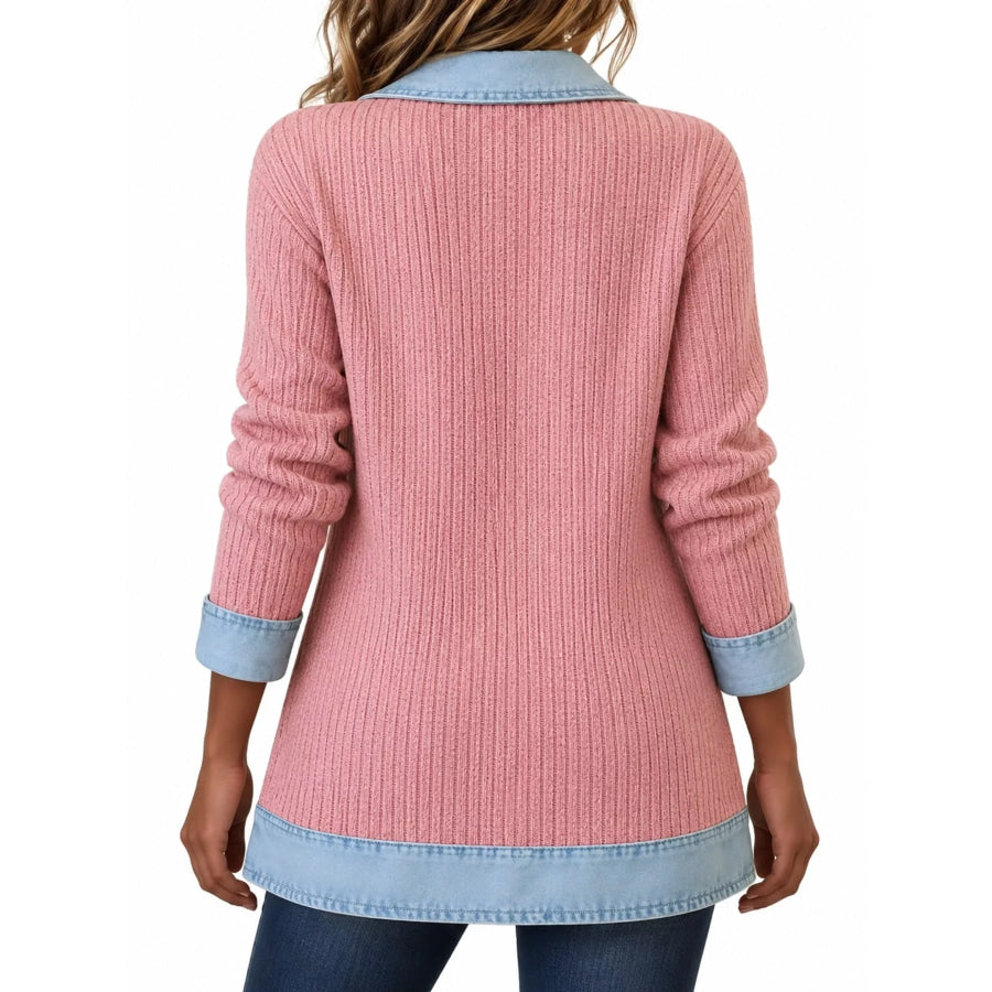 Full Size Denim Trim Ribbed Knit Cardigan Plus Apparel and Accessories