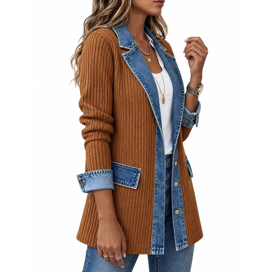 Full Size Denim Trim Ribbed Knit Cardigan Plus Apparel and Accessories
