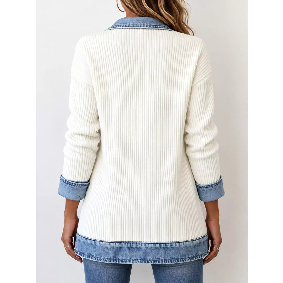 Full Size Denim Trim Ribbed Knit Cardigan Plus Apparel and Accessories