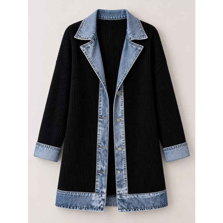 Full Size Denim Trim Ribbed Knit Cardigan Plus Apparel and Accessories