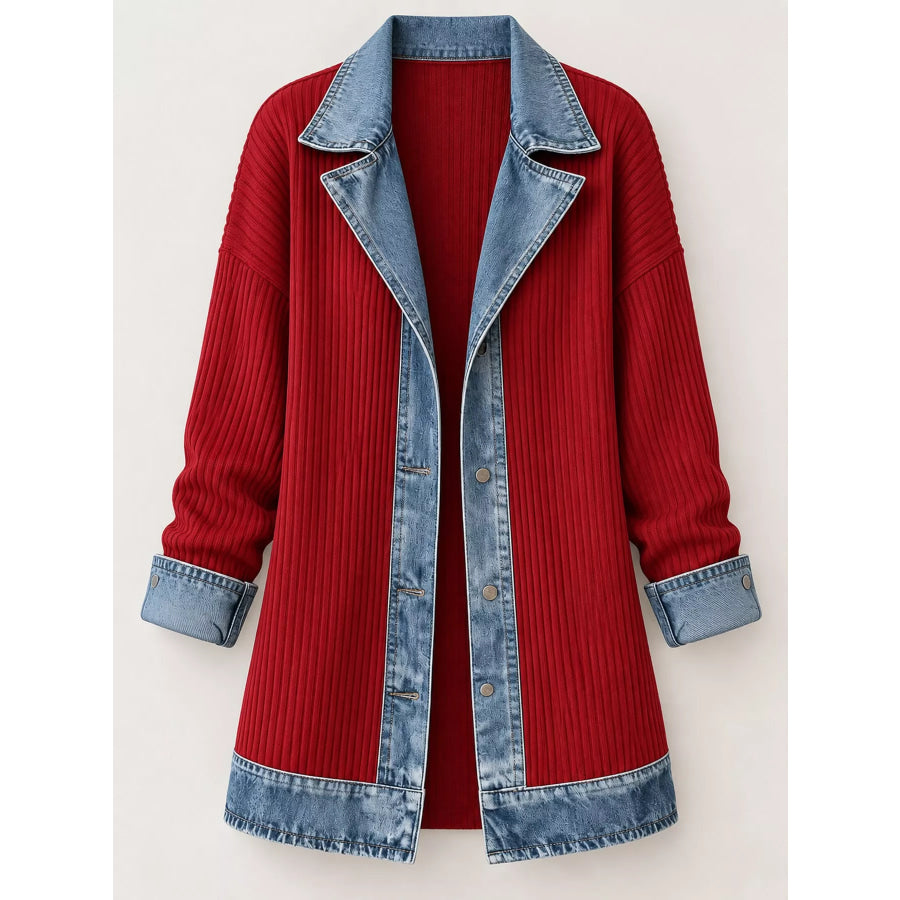 Full Size Denim Trim Ribbed Knit Cardigan Plus Apparel and Accessories