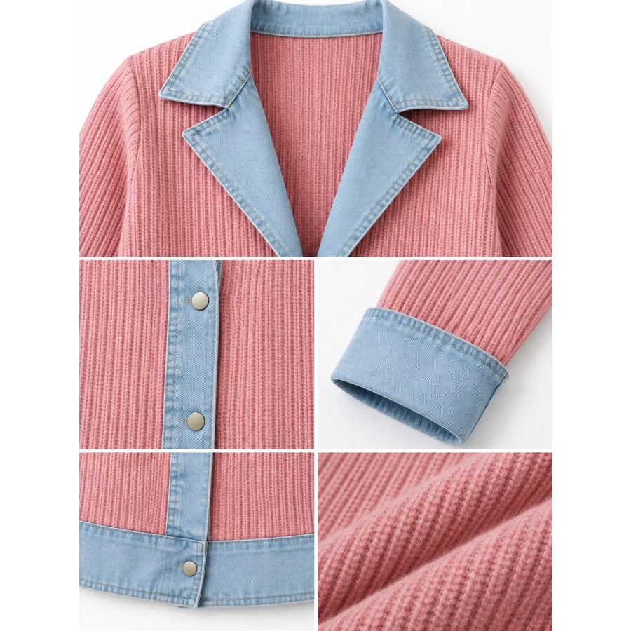 Full Size Denim Trim Ribbed Knit Cardigan Plus Apparel and Accessories