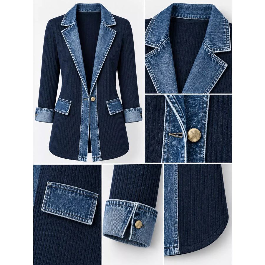 Full Size Denim Trim Ribbed Knit Cardigan Plus Apparel and Accessories