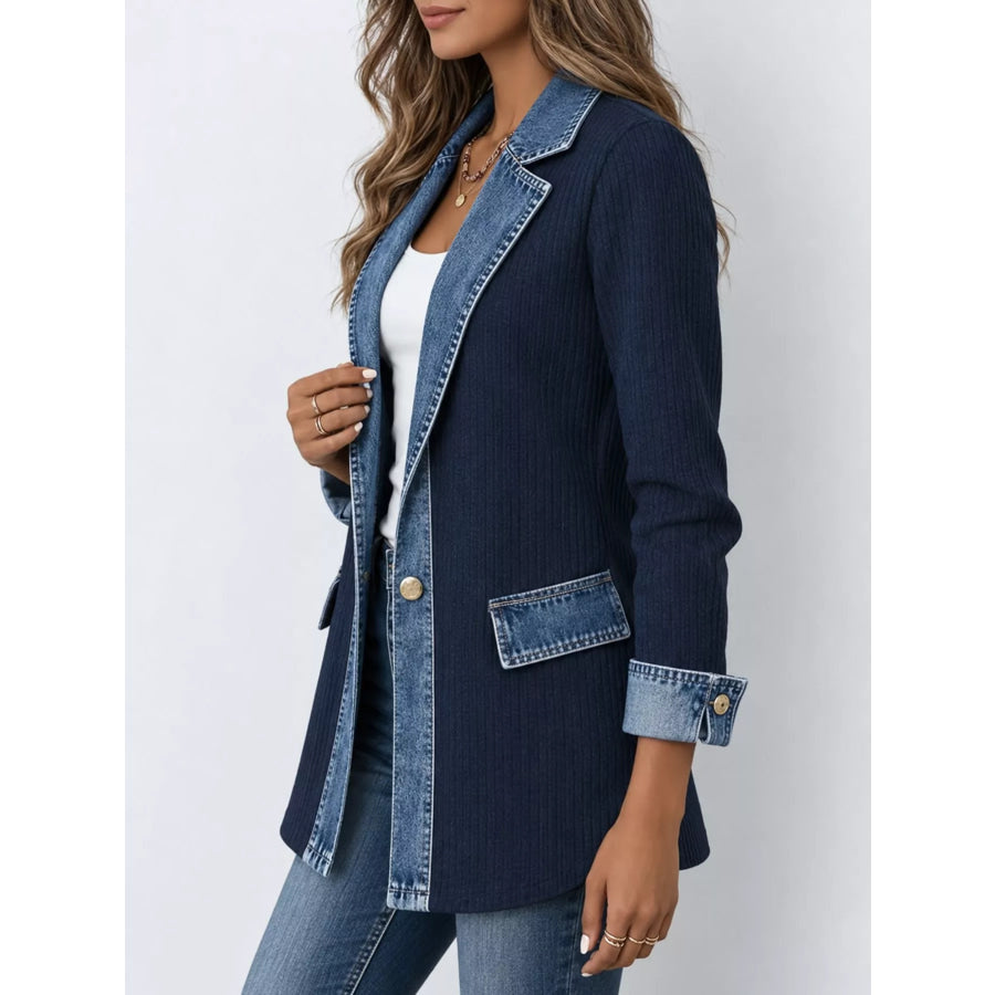 Full Size Denim Trim Ribbed Knit Cardigan Plus Apparel and Accessories