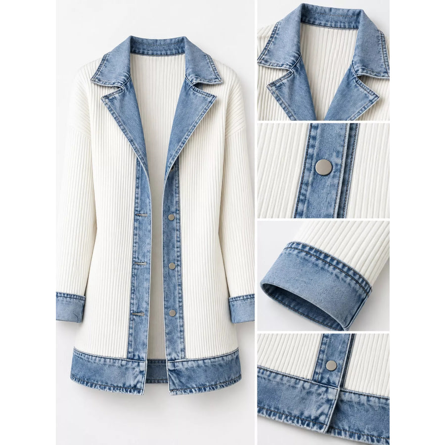 Full Size Denim Trim Ribbed Knit Cardigan Plus Apparel and Accessories