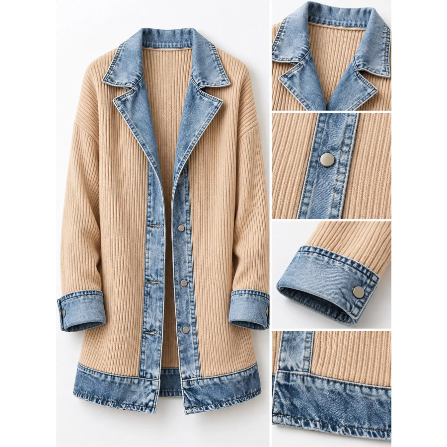 Full Size Denim Trim Ribbed Knit Cardigan Plus Apparel and Accessories