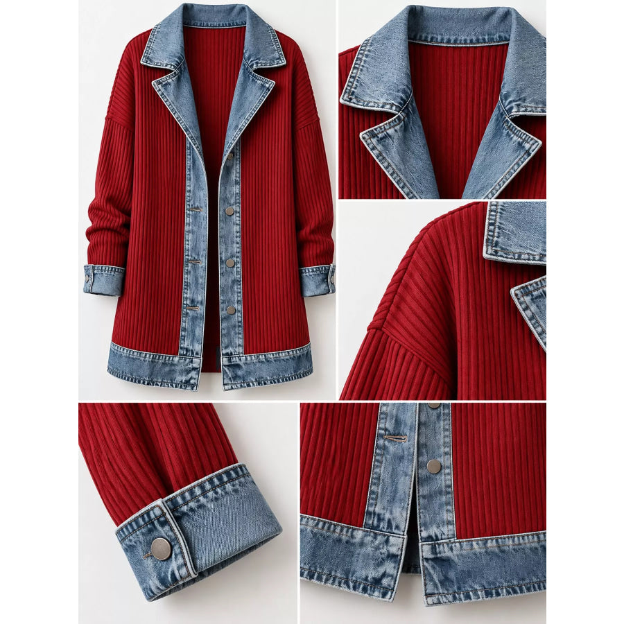 Full Size Denim Trim Ribbed Knit Cardigan Plus Apparel and Accessories