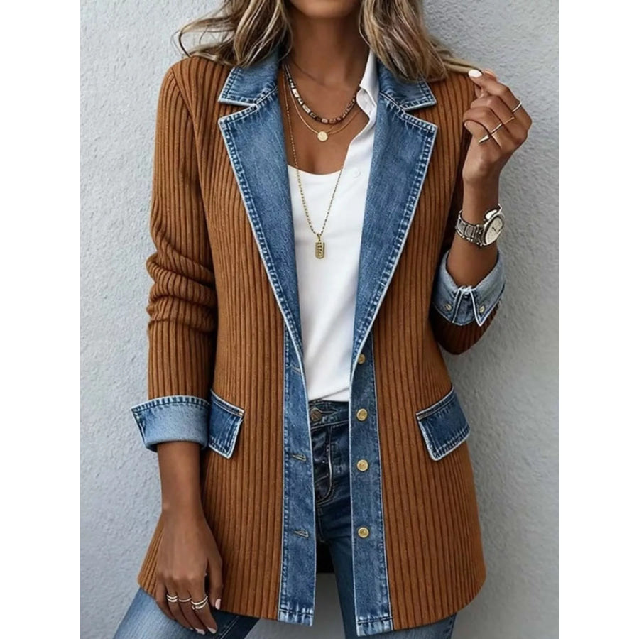 Full Size Denim Trim Ribbed Knit Cardigan Plus Apparel and Accessories