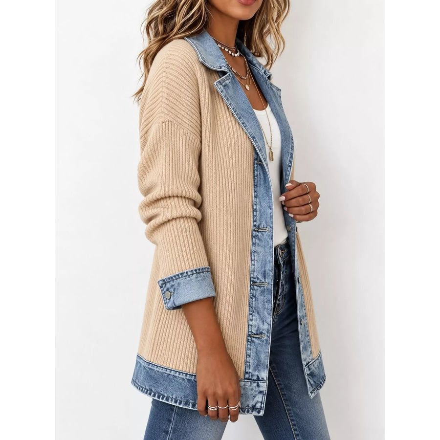 Full Size Denim Trim Ribbed Knit Cardigan Plus Apparel and Accessories