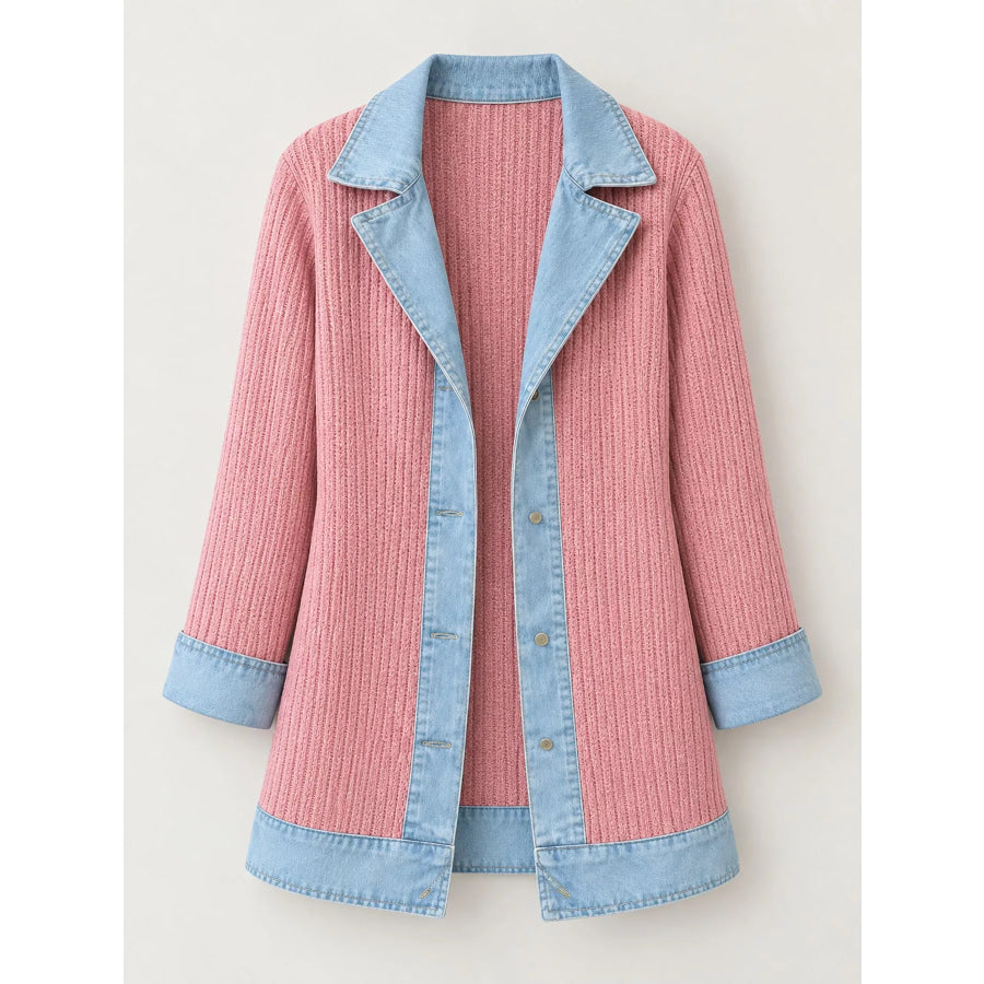 Full Size Denim Trim Ribbed Knit Cardigan Plus Apparel and Accessories