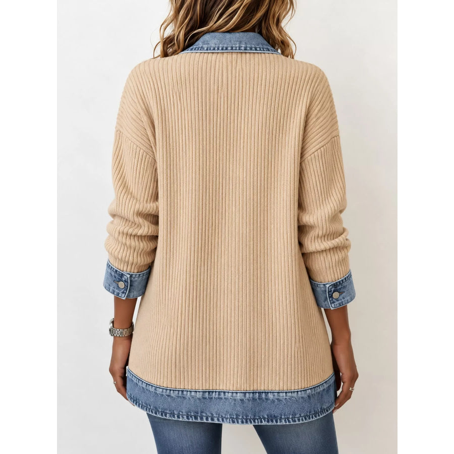 Full Size Denim Trim Ribbed Knit Cardigan Plus Apparel and Accessories