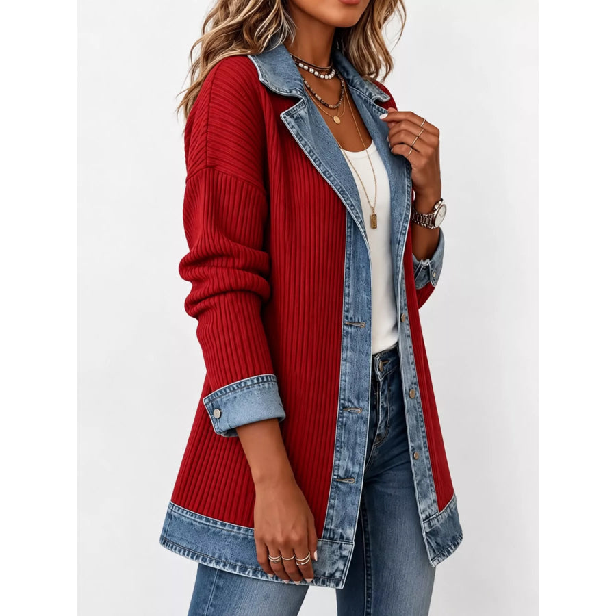 Full Size Denim Trim Ribbed Knit Cardigan Plus Apparel and Accessories