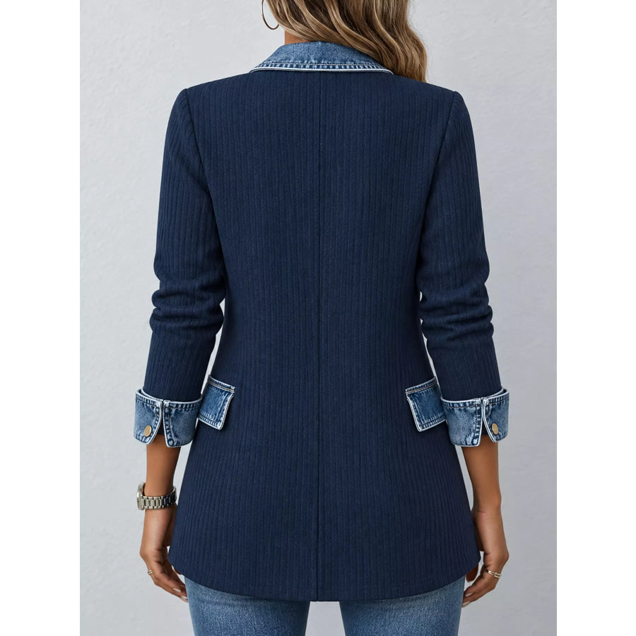 Full Size Denim Trim Ribbed Knit Cardigan Plus Apparel and Accessories