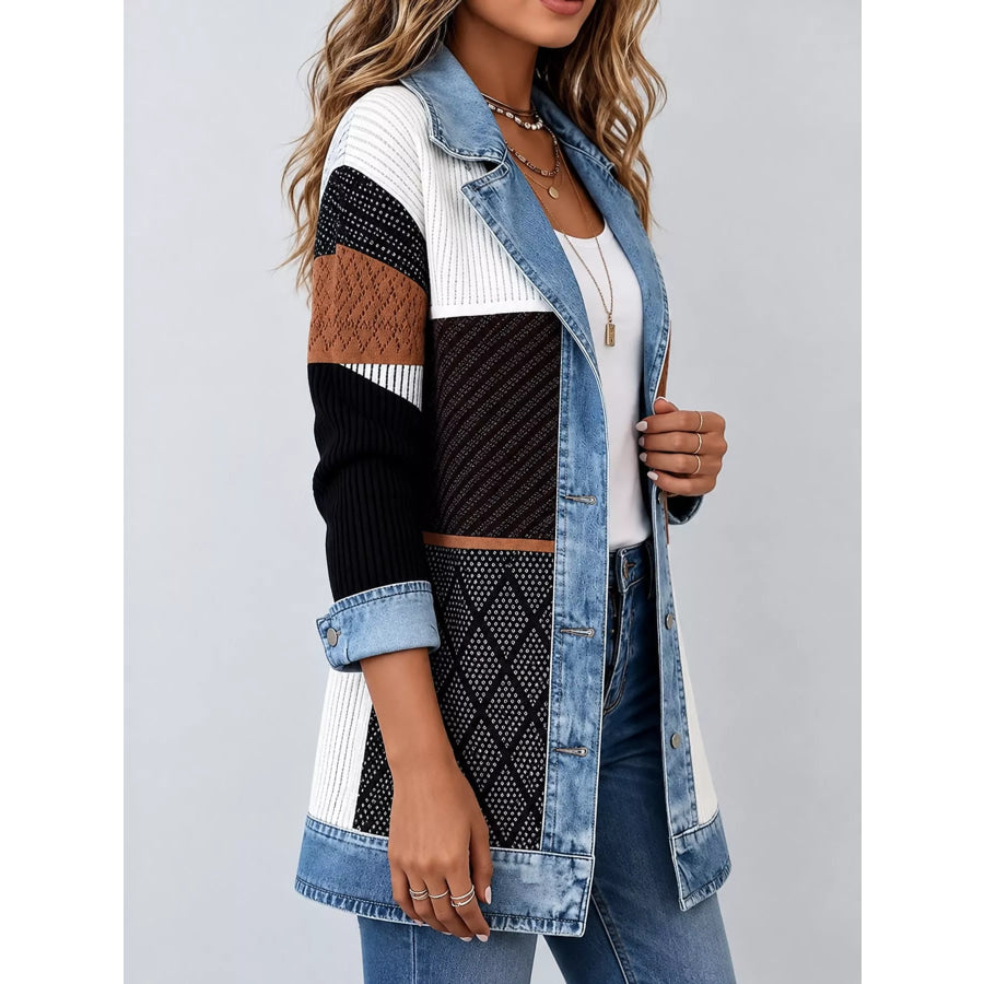 Full Size Denim Trim Ribbed Knit Cardigan Plus Apparel and Accessories