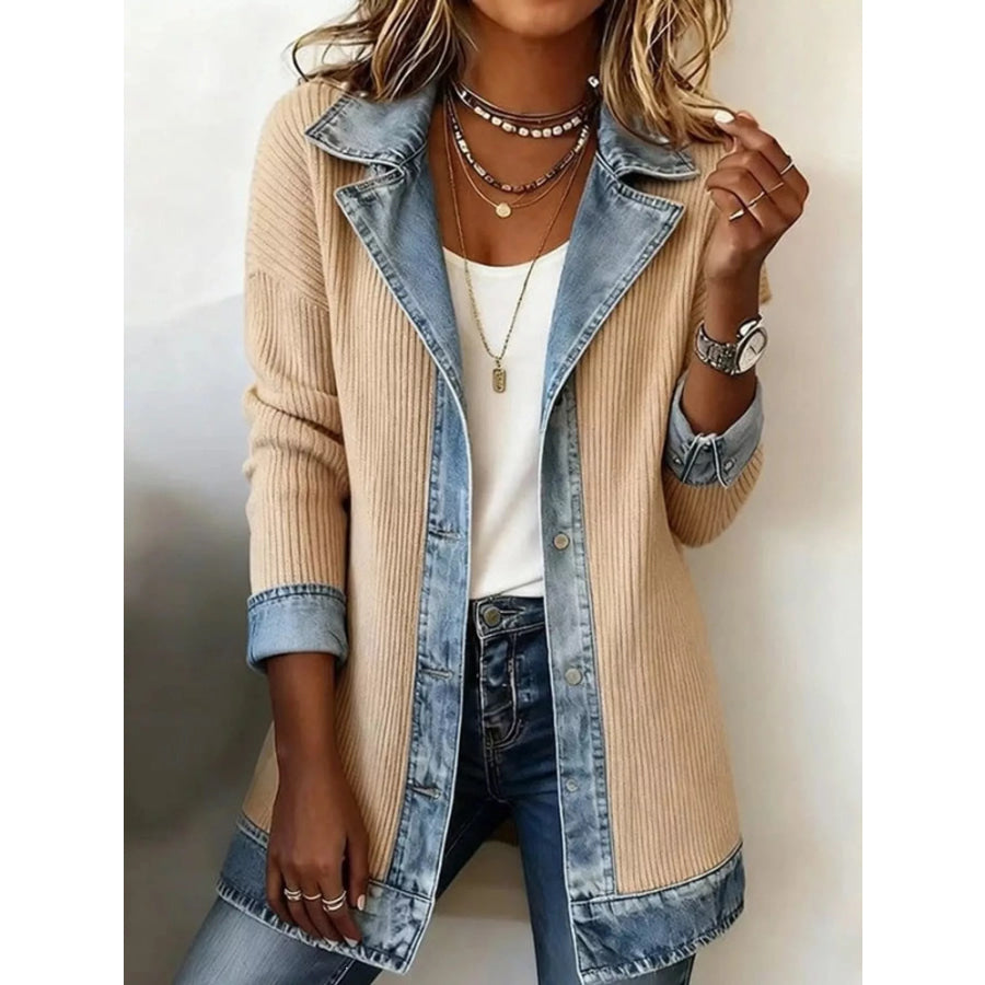 Full Size Denim Trim Ribbed Knit Cardigan Plus Apricot / S Apparel and Accessories