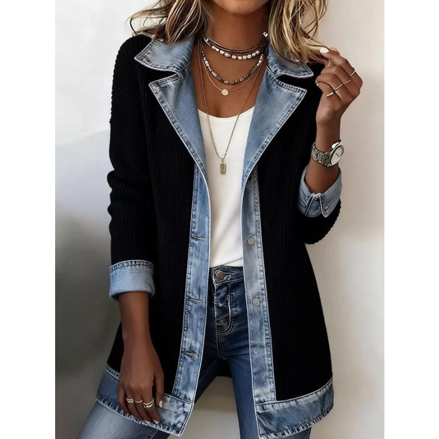 Full Size Denim Trim Ribbed Knit Cardigan Plus Black / S Apparel and Accessories
