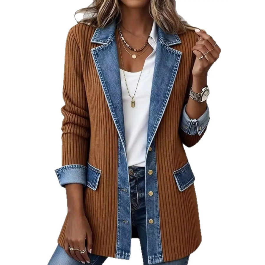 Full Size Denim Trim Ribbed Knit Cardigan Plus Khaki / S Apparel and Accessories