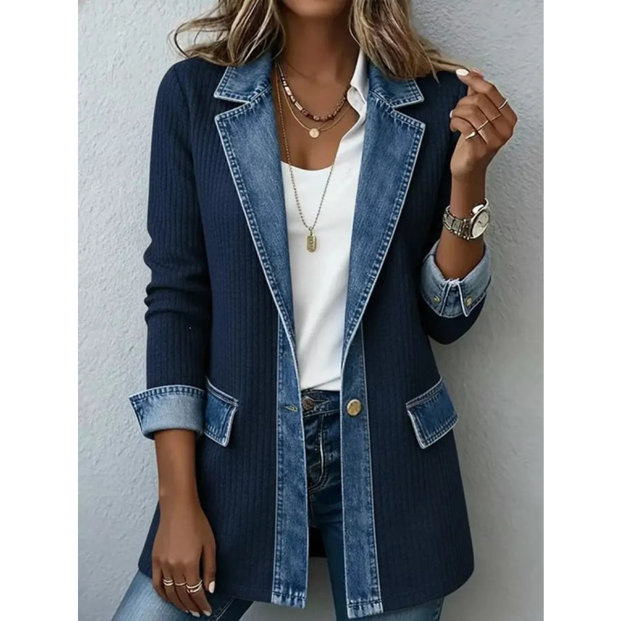 Full Size Denim Trim Ribbed Knit Cardigan Plus Navy / S Apparel and Accessories