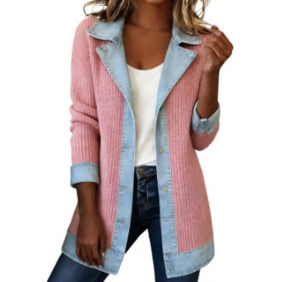 Full Size Denim Trim Ribbed Knit Cardigan Plus Pink / S Apparel and Accessories