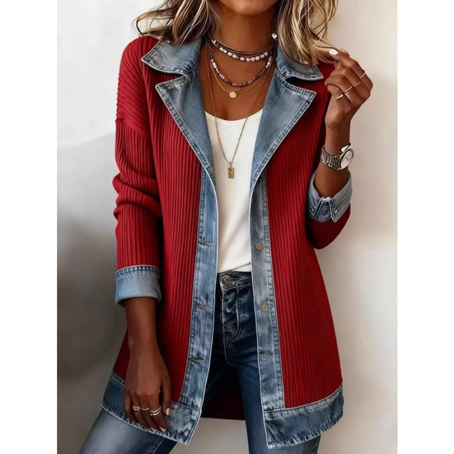 Full Size Denim Trim Ribbed Knit Cardigan Plus Red / S Apparel and Accessories