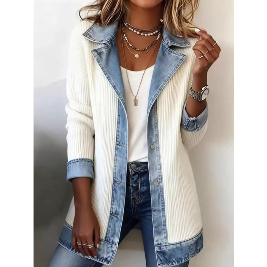 Full Size Denim Trim Ribbed Knit Cardigan Plus White / S Apparel and Accessories