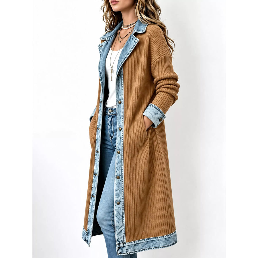 Full Size Denim-Trimmed Ribbed Knit Longline Cardigan Plus Apparel and Accessories