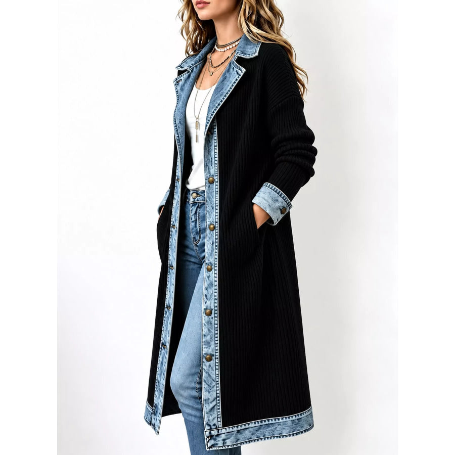 Full Size Denim-Trimmed Ribbed Knit Longline Cardigan Plus Apparel and Accessories