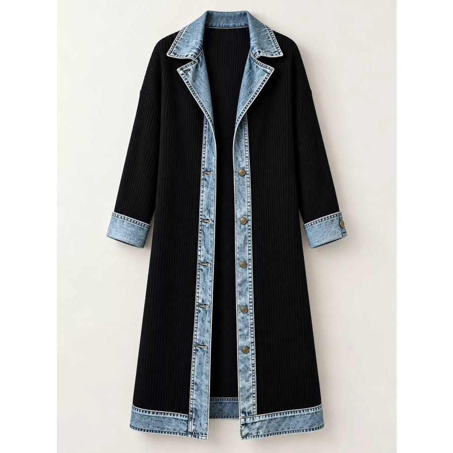 Full Size Denim-Trimmed Ribbed Knit Longline Cardigan Plus Apparel and Accessories