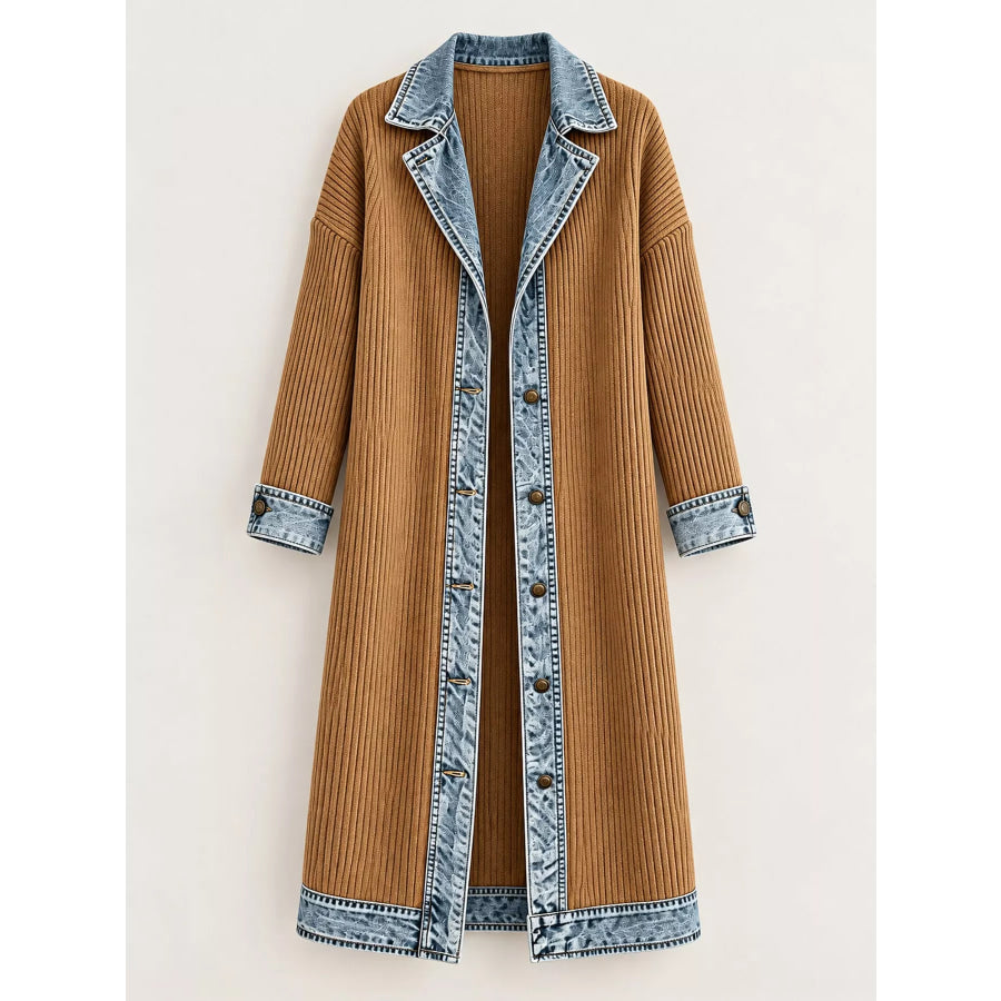 Full Size Denim-Trimmed Ribbed Knit Longline Cardigan Plus Apparel and Accessories